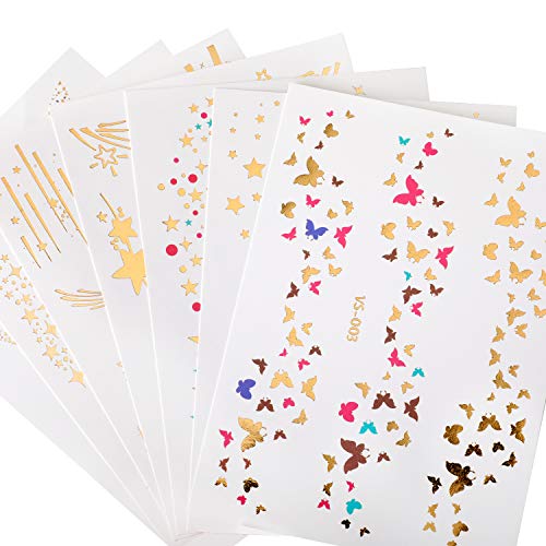 Konsait 7Sheets Face Tattoo Sticker Metallic Temporary Transfer Tattoo Waterproof Face Jewel S For Women Girls Make Up Dancer Costume Parties, Shimmer Glitter Designs Gold Tattoos #TOP3