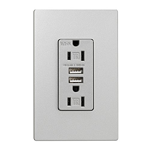 EATON TR7755SG-K-L Combination USB Charger with Tr Duplex Receptacle, Wire Leads, 12-14 Awg, 125 Vac, 15 A, Silver Granite