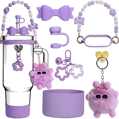 Image of HASTHIP Stanley Cup Accessories Set, 6Pcs Tumbler Cup Accessories with Sweet Bow Beaded Chain Handle, Purple Bow Straw Charm & Tip Cover, Soft Bottom Sleeve (NOT Included Cup)