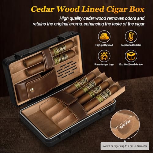 Portable Cedar Wood Lined Cigar Case, Waterproof Anti Pressure Sealed Storage, With Humidifier and Lighter Set, Holds 6 Cigars - Image 4
