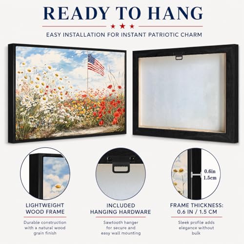 Image of American Flag Framed Canvas Wall Art, 4th of July Floral Canvas Prints, Wildflower Landscape Patriotic Decorations, Vintage Rustic Independence Day Wall Decor for Bedroom Living Room Office 8x10