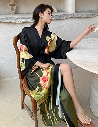 Women's Long Silk Robes Long Satin Robes Long Kimono Robes Floral Silky Bathrobes Dressing Gown, One Size4