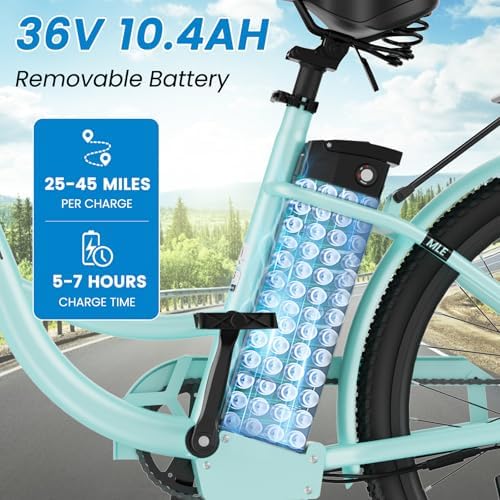 350W Electric Bike for Adults, 20MPH 7-Speed Commuter Ebike, 36V 10.4Ah Removable Battery, Aluminum Frame, Front Suspension, Dual Disc Brakes, Basket & Rear Rack, 330 lbs Load image 9
