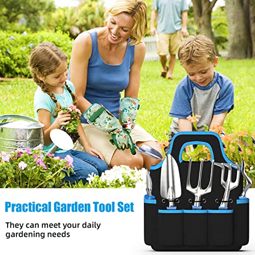 Garden Tool Set, Gardening Gifts For Women & Men，Wanchi 7 Pcs Heavy Duty Aluminum Rustproof Gardening Hand Tools，Blue Gardening Kit (Garden Tote Shovel Hand Rake Fork Weeder Pruner Transplanter) #TOP1
