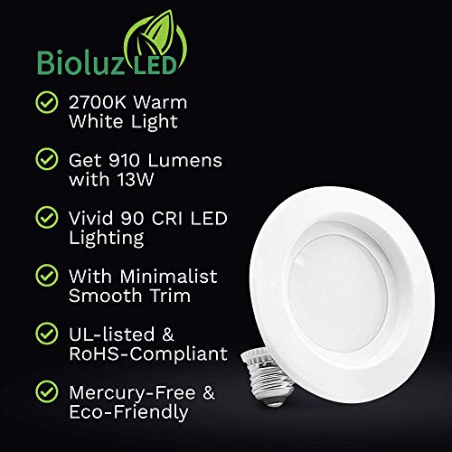 4 Pack Bioluz Led 4-Inch 13 Watt 90 Cri Dimmable Led Retrofit Recessed Lighting Fixture - 2700K Led Ceiling Light - 910 Lumen Recessed Downlight Ul-Listed Ja8 Cec #TOP2