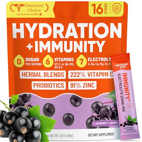 Image of Venture Pal Sugar Free Hydration Packets+Immune-Liquid Daily IV Drink Mix | Electrolyte Powder with 7 Electrolytes & 6 Vitamins, Probiotics + Elderberry | Non-GMO, Keto Friendly, Vegan | 16 Sticks