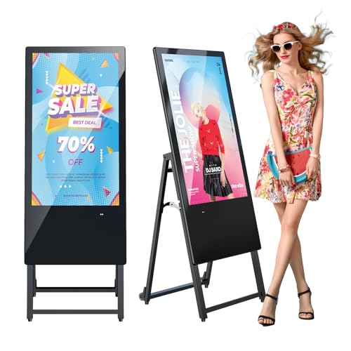 Image of JIYANG 32 Inch Indoor Digital Signage Display,Floor Standing Advertising Digital Kiosk with Wheels,Portable LCD Poster Totem Support HDMI Input,Split Screen,Timed Open /Off,Android System