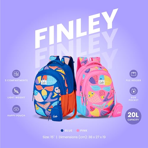 Image of Genie Finley Kids Backpacks, 15 inch Cute, Colourful Bags for Girls, Water Resistant and Lightweight, 3 Compartment with Happy Pouch, 20 Liters, Nylon Twill, Pink