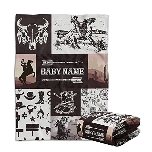 locobird Personalized Western Cowboy Baby Blankets for Baby Boy, Custom Baby Blankets Name Fleece Blankets for Newborn Infant Son Daughter Kids (01)