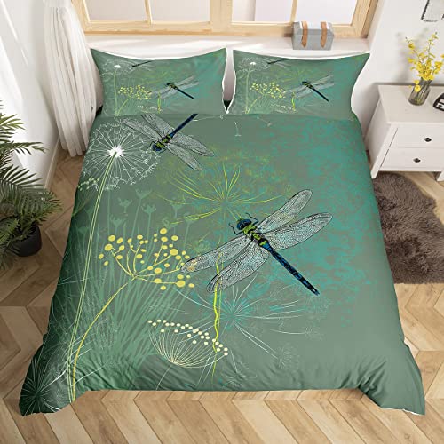Homewish WWS15792ZMD-TJ_USQ Dragonfly Duvet Cover Set Queen Size,Dandelion Floral Bedding Set 3Pcs cover