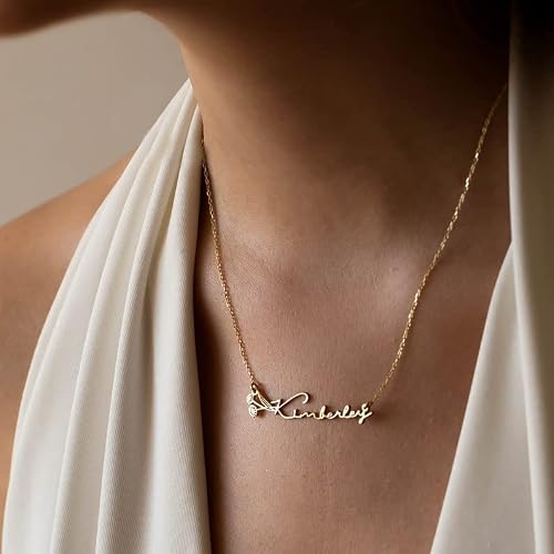 Dreamdecor Custom Birth Flower Name Necklace 18K Gold Plated Floral Name Necklace Personalized Bridesmaid Proposal Gifts for Women