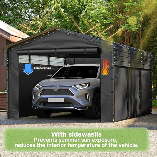 Image of Real Relax 10x15ft Heavy Duty Metal Carport with Galvanized Steel Roof, Removable Sidewalls, Outdoor Car Port Shelter for Cars, Trucks and Boats, Gray