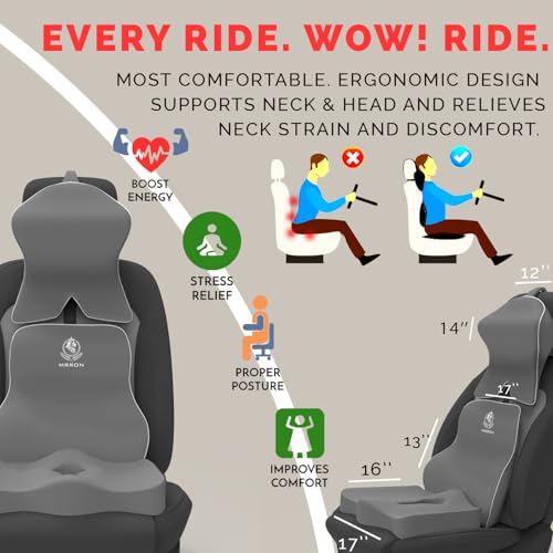 Image of MRRON Memory Foam Posture Corrector Car Seat Cushions Combo | Orthopedic Backrest, Coccyx Cushion & Neckrest | Ergonomic Lumbar Comfort Seat Cushion | Reduces Sciatica (Grey, Long Back)