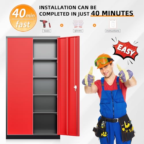 Image of INTERGREAT Metal Storage Cabinet with Doors, 72 inch Locking Steel Storage Cabinet with Shelves, Tall Metal Cabinet Lockable Steel Cabinets for Home Office, Garage,(Black+Red)