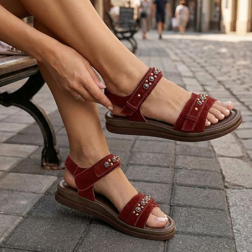 Image of UBFEN Womens Flat Sandals with Adjustable Back Strap, Arch Support | Beaded, Open Toe, Slingback, Casual, Comfortable for Walking, Vacation and Travel