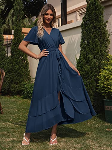 Simplee Womens Solid Chiffon Wrap Formal Maxi Ruffle Split Dress Flowy Bridesmaid Wedding Party Evening Dress With Belt(Navy Blue L) #TOP3
