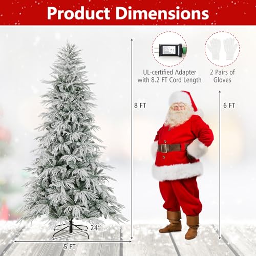 Image of Goplus 8 FT Pre-Lit Snow Flocked Christmas Tree, Artificial Hinged Xmas Tree with 1108 PE & PVC Mixed Branch Tips, 450 Warm White LED Lights, Foldable Metal Base, Home Office Decoration