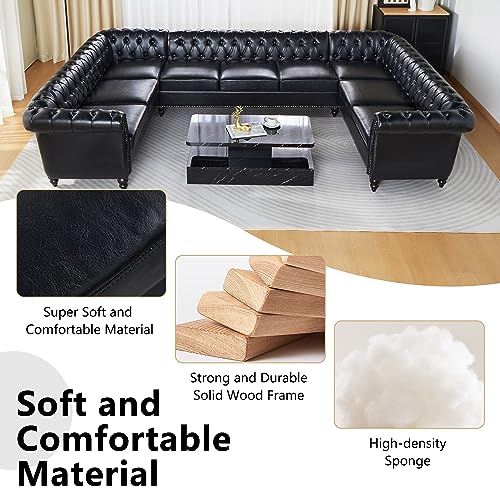 Image of QHITTY U-Shaped Sofa, Sectional Chesterfield Leather Faux Couch 9-Seater Upholstered Large Accent Tufted Sofa with Rolled Armrest and Nailhead Design for Living Room, Apartment, Office (Black)