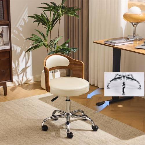 VINGLI Armless Home Office Desk Chair, Adjustable Swivel Chair,Dual-Use with/no Wheels,Small Retro Designed Walnut Curved Task Chair,Cushioned Nail Tech Chair for Study Area,Workspace,PU,Ivory White
