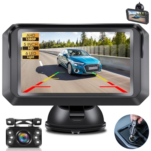 AHD 1080P Reversing Camera Kit with 6 White LED Lights Reversing Camera for Car 5 inch Reverse Camera for Car Van Caravan RV Rear View Camera 150° Wide Angle Rear Camera IP69 Waterproof Parking Camera