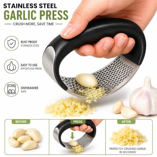 Image of Kitchen Stainless Steel Garlic Press with Ergonomic Handle,Garlic Crusher, Handy Garlic Crusher, Kitchen Garlic Crushing Tool.