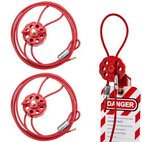 Image of Lockout Tagout Cable Lock | 0.16'' x 78'' Adjustable Loto Locks | PVC-Coated Steel Cable for Valves & Panels | OSHA Compliant | Red, 2Pack