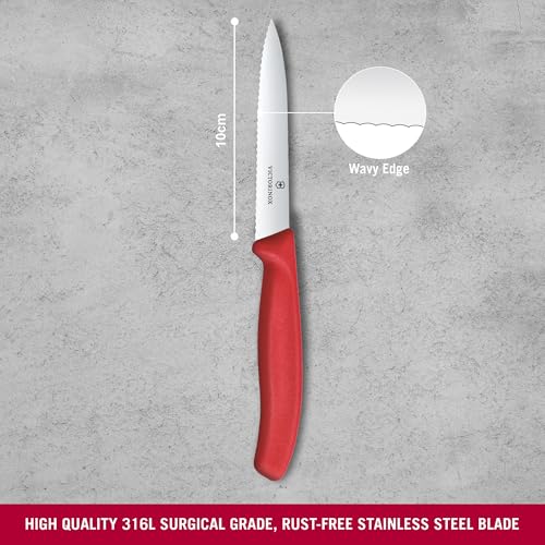 Image of Victorinox Swiss Made Stainless Steel Swiss Classic Paring Knife, 10 cm, Serrated Edge with Pointed Tip, Professional and Household Kitchen Tools, Kitchen Items, Red, 6.7731.C1 | Multipurpose Knife