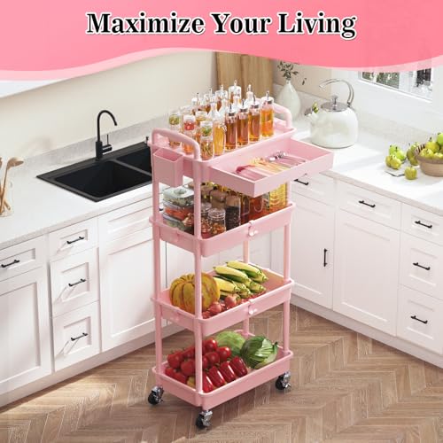Image of SUNALLY 4 Tier Rolling Utility Cart with Drawer, Storage Organizer Cart with 2 Lockable Wheels, Multifunctional Rolling Storage Cart for Bathroom, Kitchen, Craft, Makeup, Baby Essentials, Pink