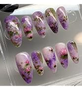 24Pcs Flower Press on Nails Medium Almond Fake Nails with Pink Lotus Flower Design False Nails Gl...