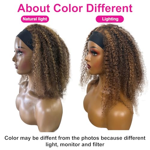 Image of Ombre Headband Wig Human Hair 4 /27 Highlight Kinky Curly Glueless Wig 18 In | Colored Curly Headband Wig for Black Women,Wear and Go None Lace Front Wigs,Brazilian Virgin Hair,150% Density,for Beginners