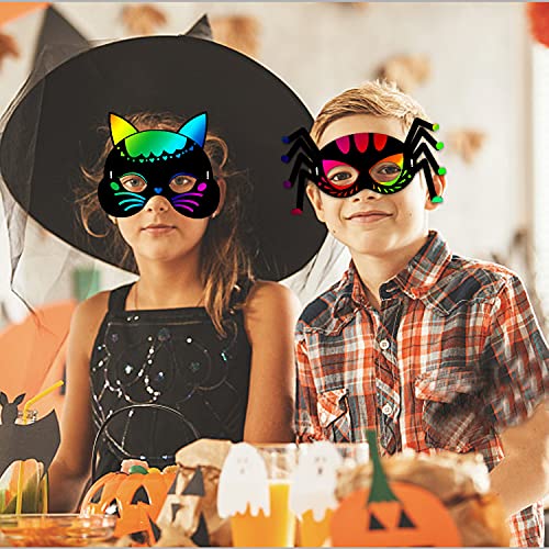 Natonhi 32Pcs Halloween Crafts for Kids, Rainbow Scratch Art Mask Kit - image 9