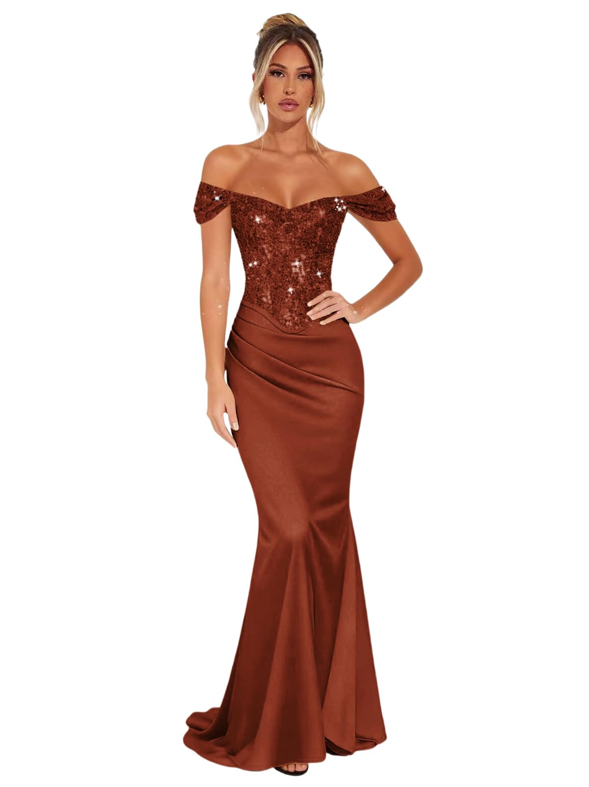 Off Shoulder Prom Dresses 2026 for Women Long Mermaid Sparkly Satin Sequin Formal Evening Dress