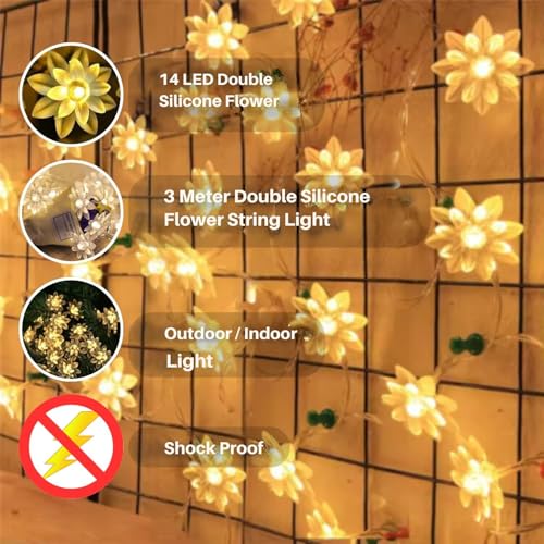 Image of One94Store 14 LED 3 Meter Double Silicone Flower String Light Lotus Fairy Light for Home Decoration, Indoor Outdoor Decoration Waterproof Flower Light for Diwali, Christmas (Warm White, Pack of 3)