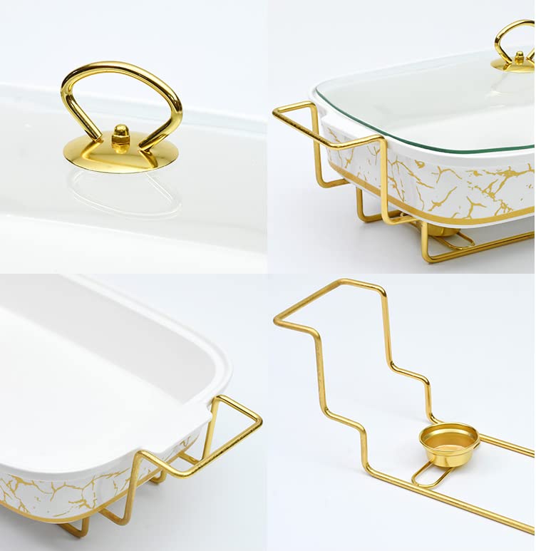 Juego de 3 calentadores de comida para buffet, equipo comercial para hoteles y restaurantes, ideal para bodas y fiestas. Plato de cerámica dorado de lujo (1,2 L/2,0 L/3,5 L - Tamaño grande mejorado).
