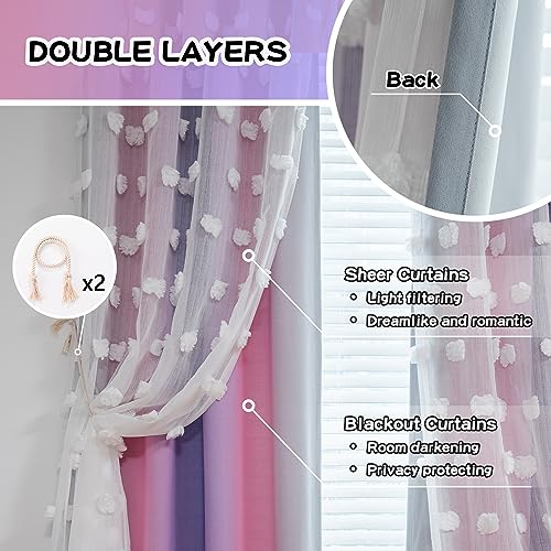 Image of MYSKY HOME Pink Curtains 95 Inch Purple Curtains for Toddler Bedroom White Sheer Pom Pom Double Layer Blackout Curtains for Kids Grommet Room Darkening Curtains for Sliding Door 2 Panels 52 x 95 in