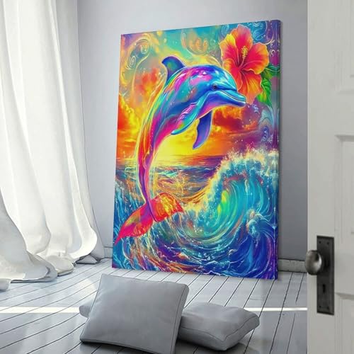 Peinture dauphin coucher de soleil tableau inspirant pour deco de salon