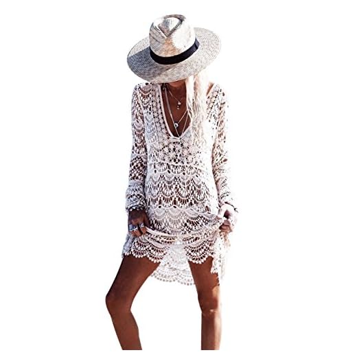 L-Peach Damen Spitze V-Ausschnitt Tunika Sommer Pareo Bikini Cover Up Strandkleid Sommerkleid One Size 6 Damen-Strandkleid mit ausgestellten Ärmeln, Spitze, Überwurf, Bikini, Poncho, Bluse, Sommer, Cover-Up, Badeanzug, sexy Größe Tunika Gr. onesize, Weiß - 403