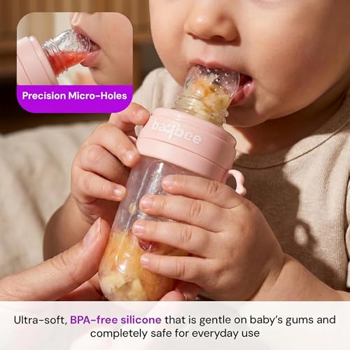 Image of Baybee 2-in-1 Silicone Baby Fruit Feeder & Food Feeder | Baby Pacifier with Anti-Choking Pouch & Squeeze Spoon | BPA Free Extra Soft Fruit Nibbler & Teethers for 6 to 12 Months Babies (Pink)