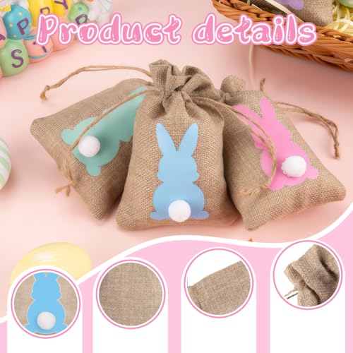 IWIDYA 12 Stück Hasen-Jute-Geschenktüten mit Kordelzug, geschenktüten ostern- 10x15 cm Jutebeutel für Ostergeschenke, Party, Dekoration & Mitgebsel