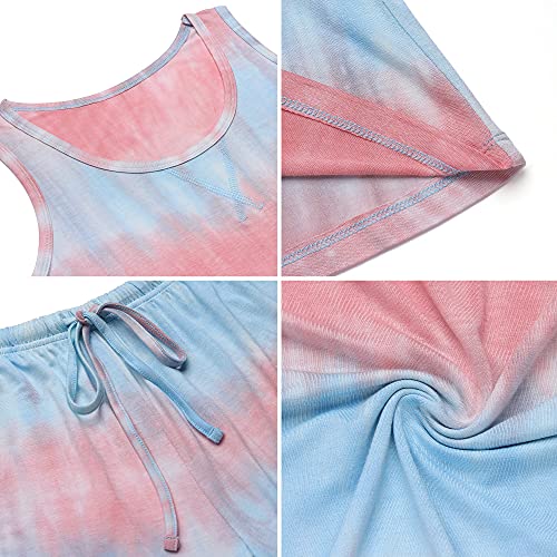 Hefunige Women Sleeveless Scoop Neck Neck Pajamas Short Set Pajamas Petite Plus Size S-4Xl, Pink Bule Tie-Dye, X-Large #TOP4