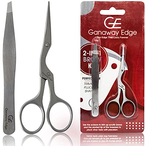 Ganaway Edge - Eyebrow Shaping Kit with Sharp Small Stork Stainless Steel Brow Scissors and Slant Tweezers for Women and Men - Eyebrow Threading Tool, Mustache, Beard, Nose Hair Trimming mini Scissors