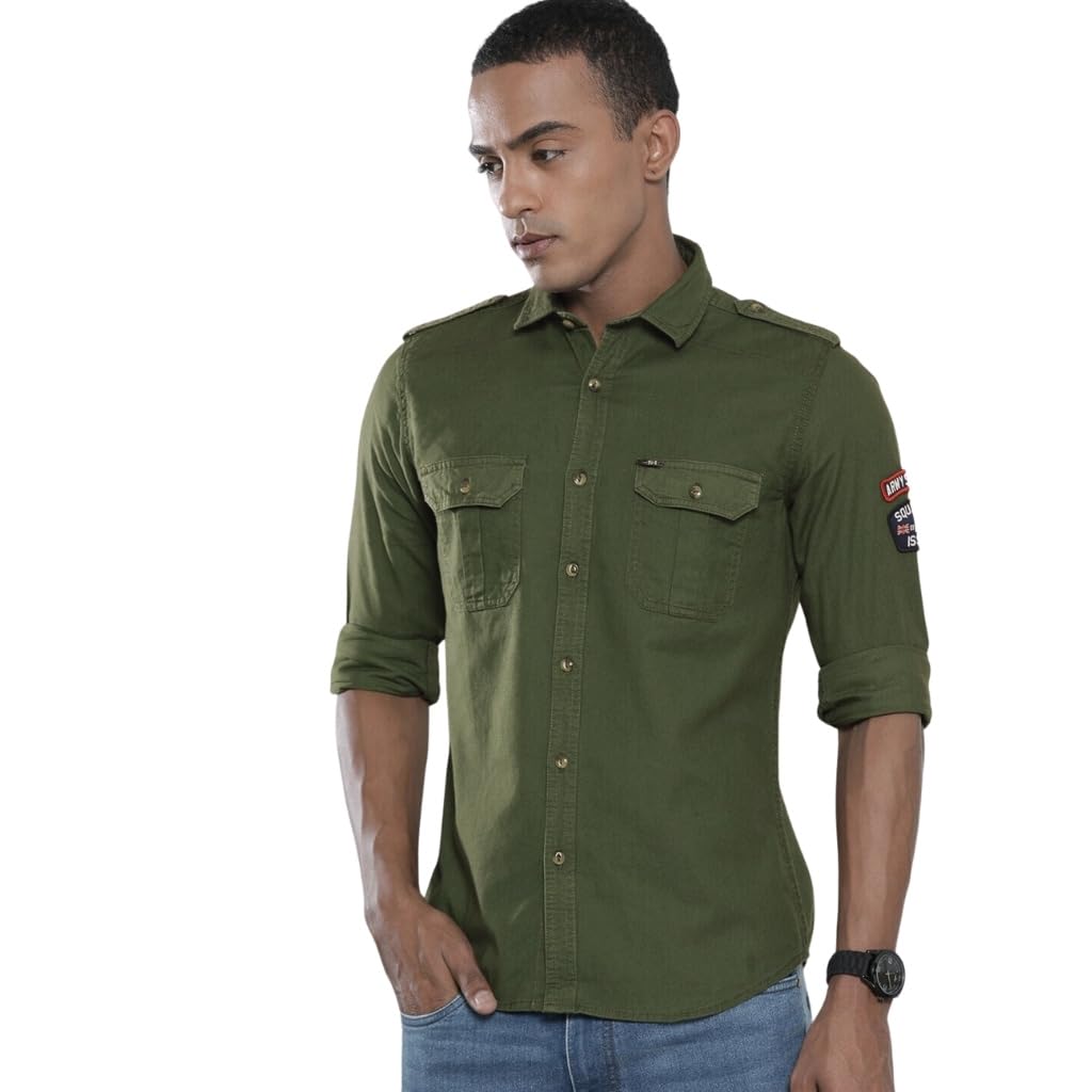 the indian garage co Men Slim Fit Solid Full Sleeves Spread Collar Double Flap Pocket Casual Shirt-picture-30