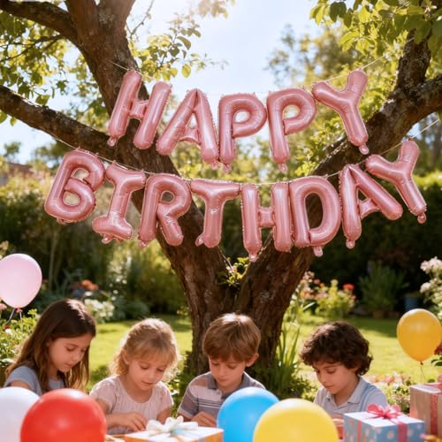 Image of Pink Happy Birthday Balloon Banner Set -16 Inch Foil Letters Balloons, Reusable Birthday Decorations and Party Supplies, Suitable for Men and Women's Birthday Decorations,Party Backdrop