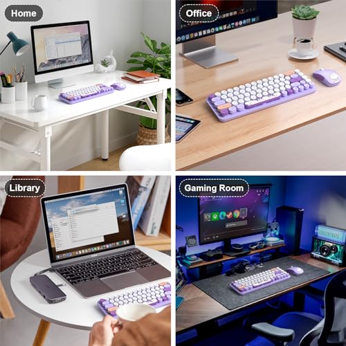 Image of FOPETT Wireless Keyboard and Mouse Cute Mouse and Keyboard 2.4G Wireless Keyboards with Colorful 68 Keys Typewriter Retro Round Keycap for PC, Laptop,Tablet,Computer Windows - Purple Colorful