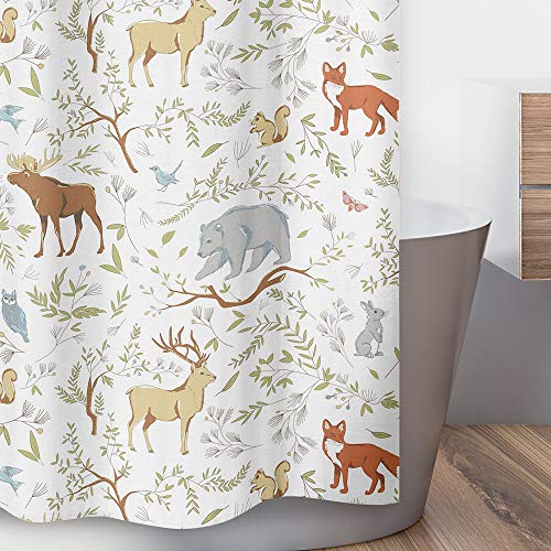 Sweet Jojo Designs Blue, Grey And White Woodland Deer Fox Bear Animal Toile Kids Bathroom Fabric Bath Shower Curtain #TOP2