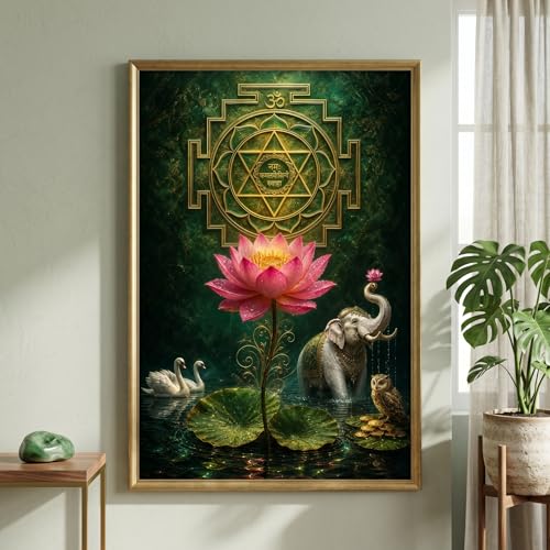 Image of Livin'luxe Shree Yantra Lotus Elephant Wall Painting for Living Room Bedroom Pooja Room Decor with Premium Wooden Color Synthetic Frame, Spiritual Art Gift (13.5 x 19.5) NM01-4083