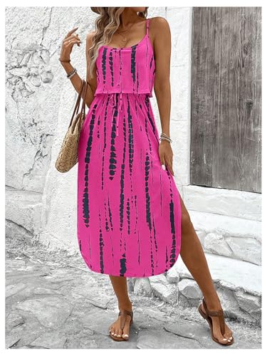 Image of RoseSeek Women's Spaghetti Strap Tie Dye Cami Sun Dress Beach Midi Summer Dresses Resort Wear Vacation Outfits