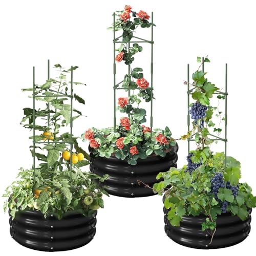SUNYRISY 3er Set Rund Hochbeet Metall für Garten mit Rankhilfe Pflanzenhalter, Pflanzkasten Blumenkasten Kräuterbeet mit Rankgitter für den Anbau von Tomaten, Blumen und Kräutern, Schwarz SUNYRISY 3er Set Rund Hochbeet Metall für Garten mit Rankhilfe Pflanzenhalter, Pflanzkasten Blumenkasten Kräuterbeet mit Rankgitter für den Anbau von Tomaten, Blumen und Kräutern, Schwarz