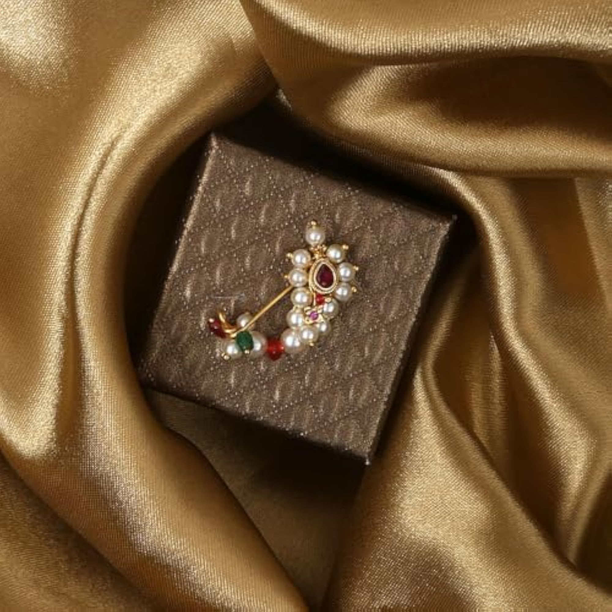 Maharashtrian Pink Stone & Pearl Stud Nose Pin, Traditional