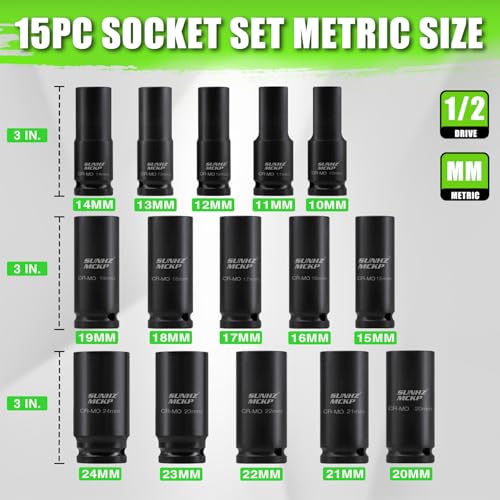 Image of SUNHZMCKP 1 /2 inch Socket Set, 21pcs Drive Deep Impact Socket Set, 6 Point Standard Metric Sockets (10mm - 24mm), Including 3 inch, 6 inch, 10 inch Impact Extension Bar and Drill Socket Adapter, Cr-MO